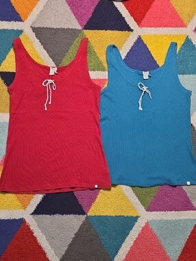 2 Lucky Brand Ribbed Scoop Neck Tanks with drawstring neckline Size L